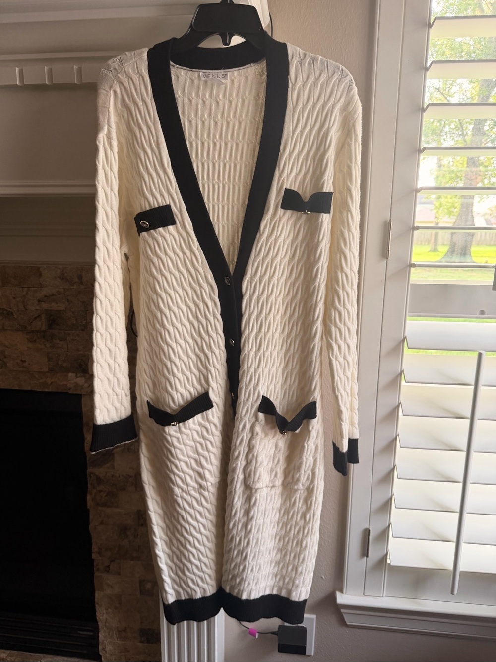 VENUS White Long Sleeve Cable Knit Duster Cardigan with Black Trim